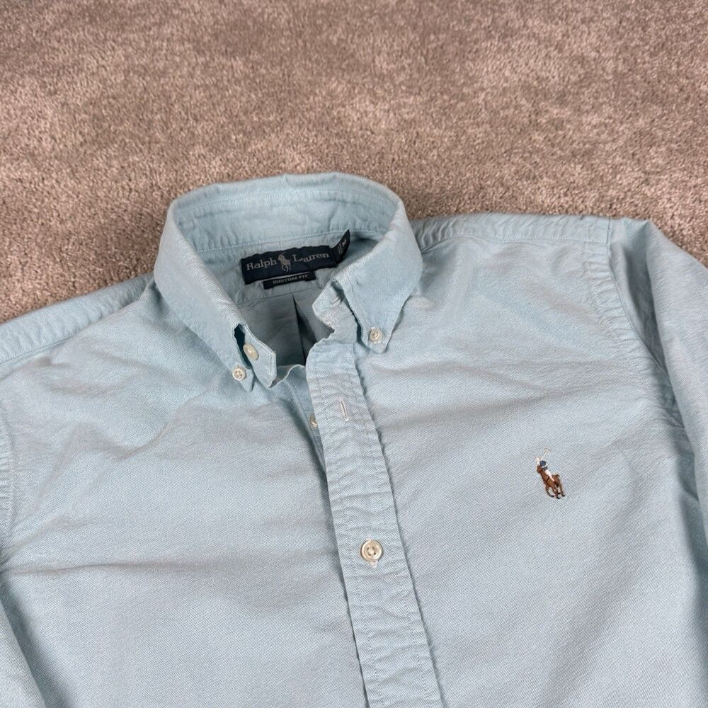 Ralph Lauren VTG Custom Fit Striped Shirt Y2K Flesh Pony Light Baby Blue Medium